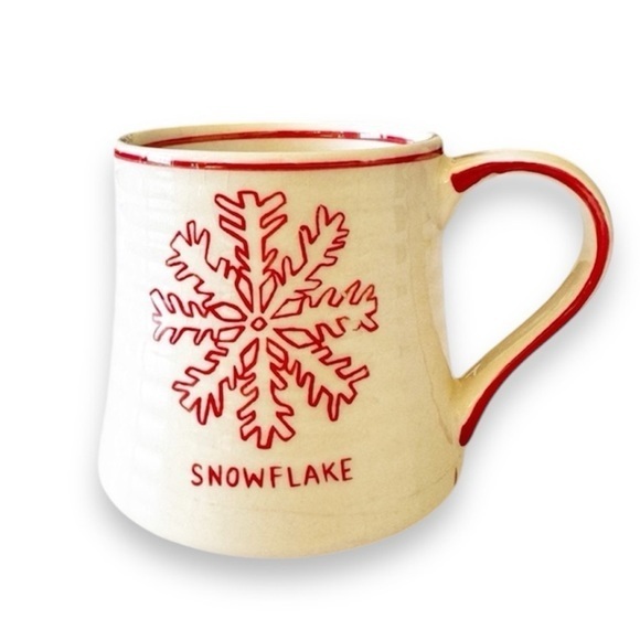 Molly Hatch Anthropologie Snowflake Coffee Mug Pottery Cream Red Winter Vibes - Picture 1 of 11